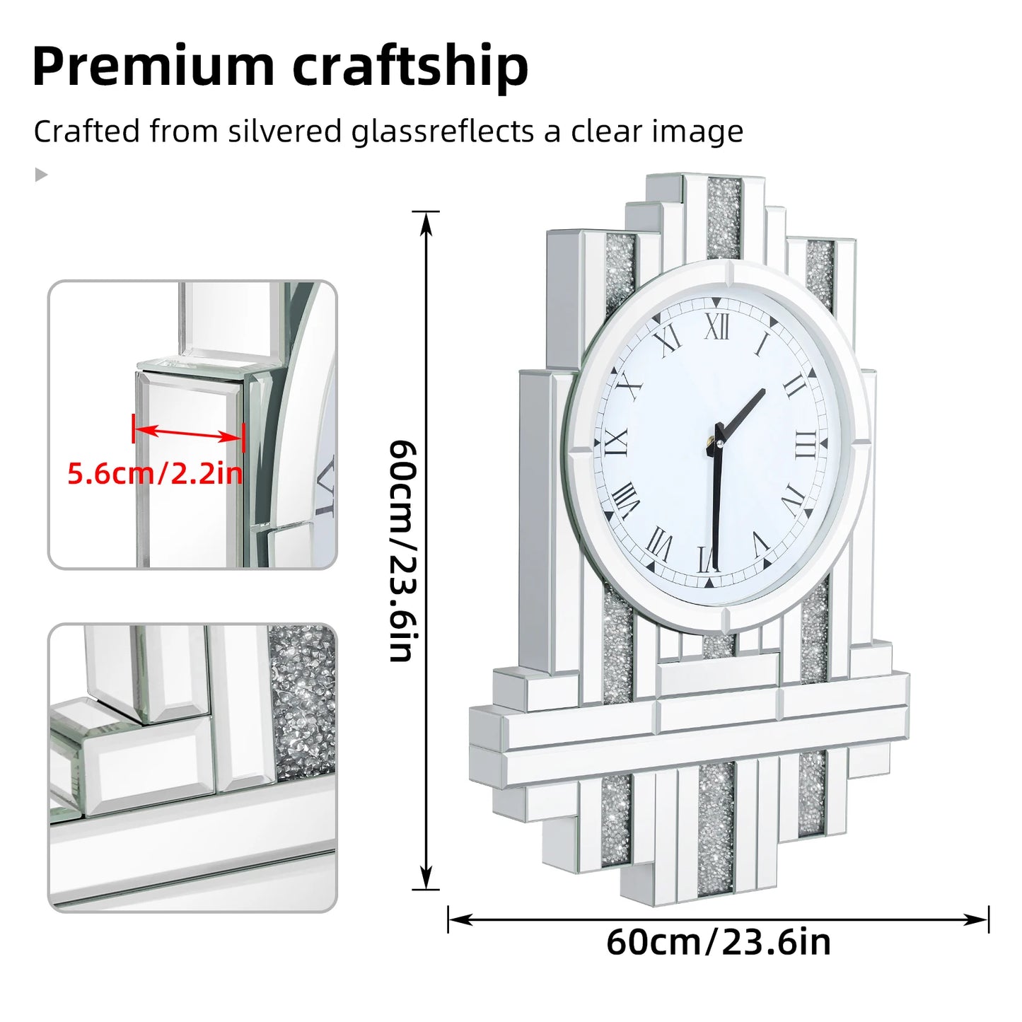 Large Crystal Crush Diamond Mirrored Wall Clock