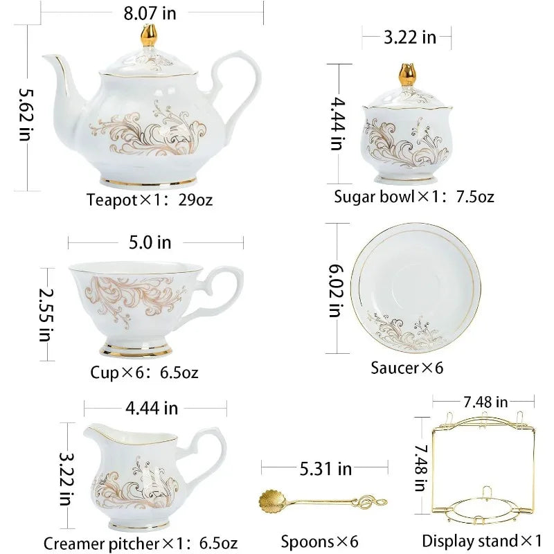 22-Pieces Porcelain Bone China Tea Sets, Gold Rim Coffee Set with Golden Metal Rack