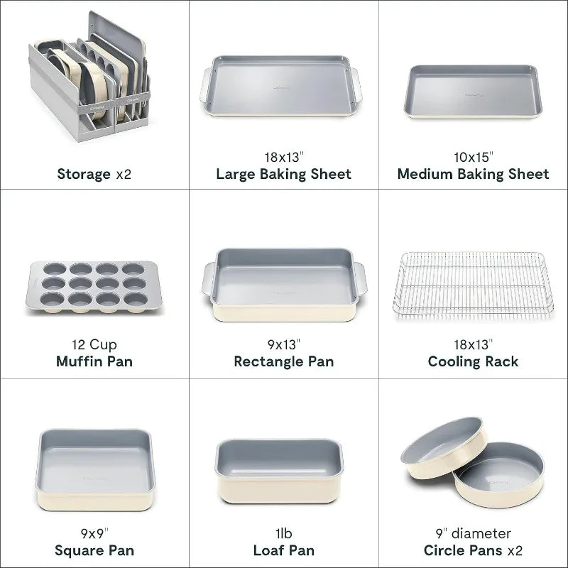 Nonstick Ceramic Bakeware Set (11 Pieces) - Baking Sheets, Assorted Baking Pans, Cooling Rack, & Storage