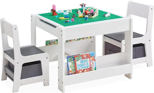 Kid's 3 in 1 Wooden Activity Table and Chair Set, with Bookshelves and Storage Drawer