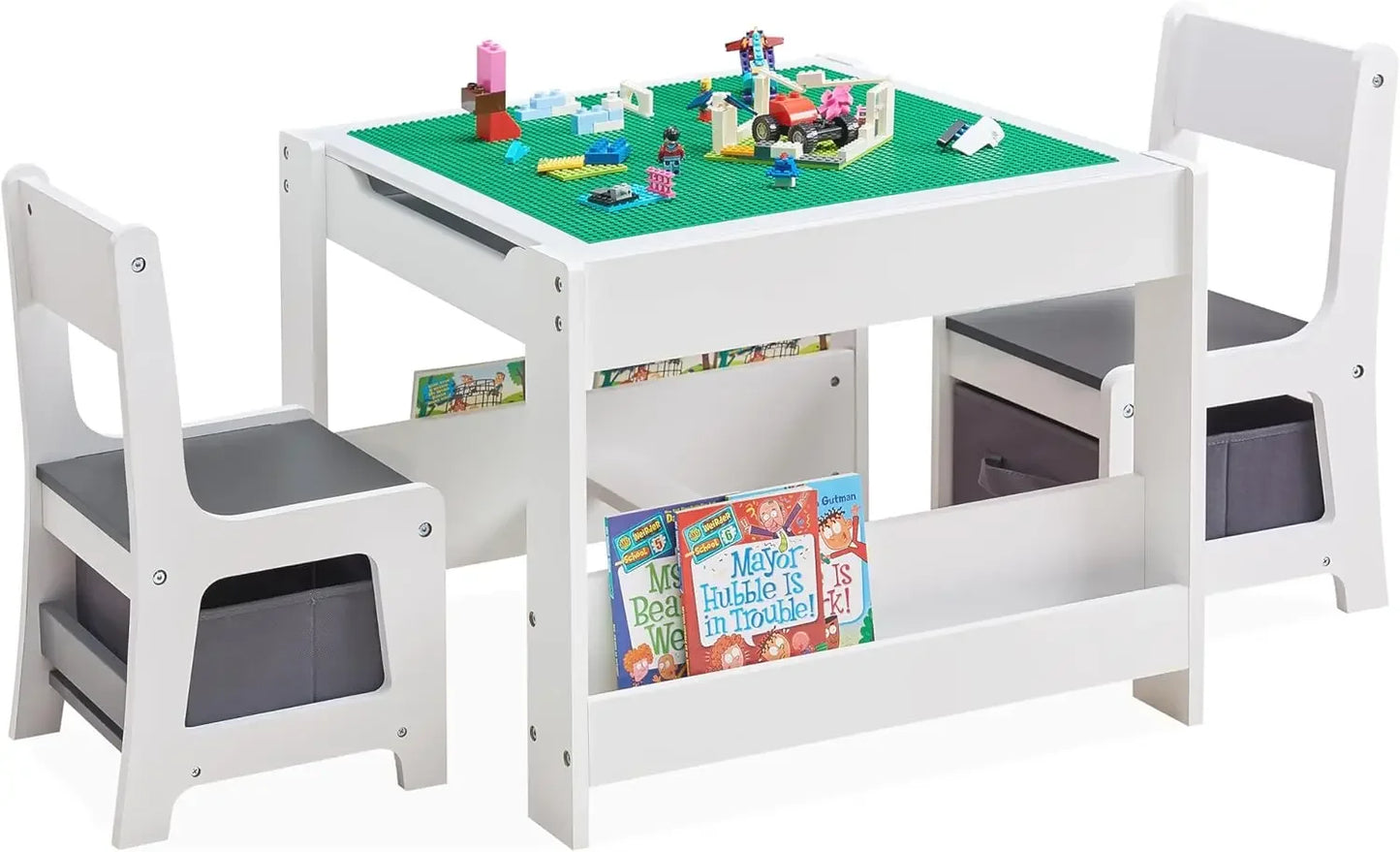 Kid's 3 in 1 Wooden Activity Table and Chair Set, with Bookshelves and Storage Drawer