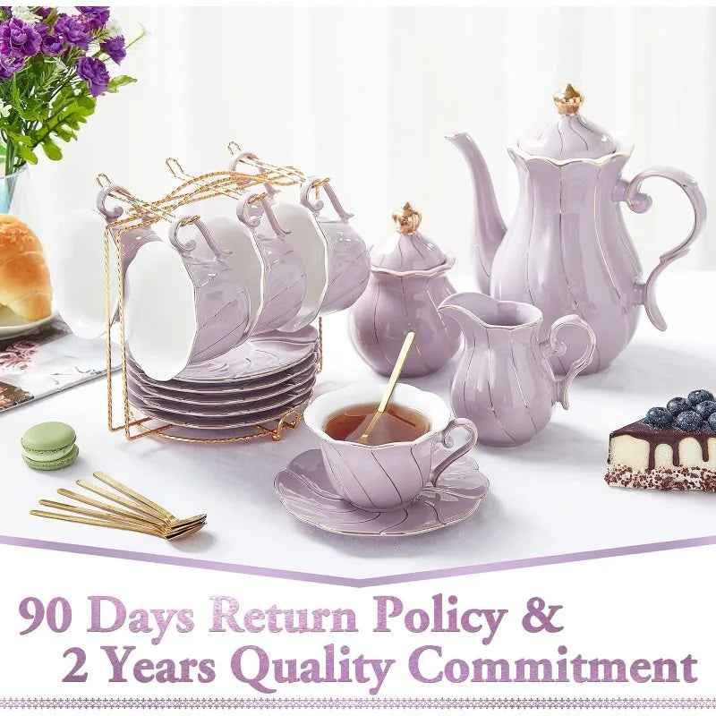 22 pcs Porcelain Tea Set for 6, Luxury British Style Tea/Coffee Cup Set with Golden Trim