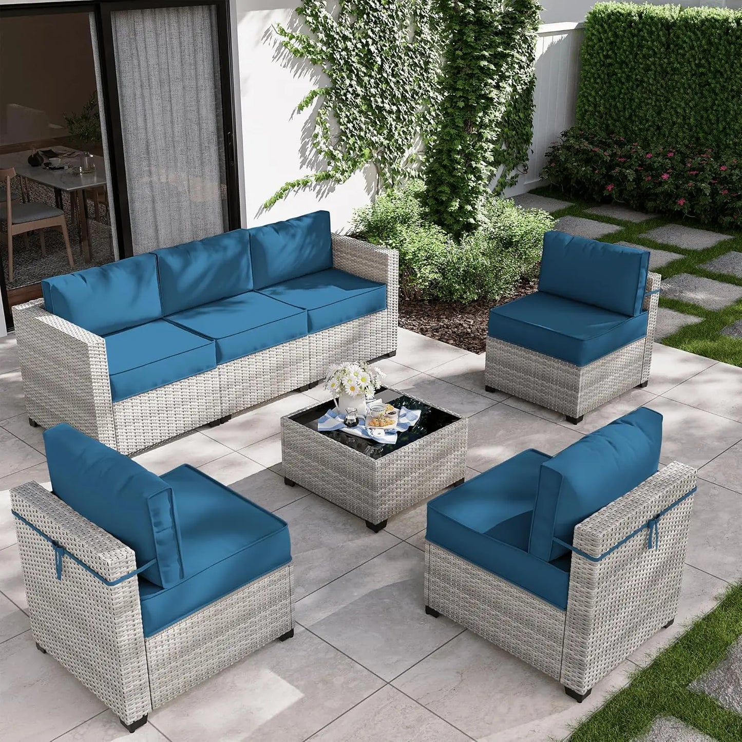 8 Piece Wicker Patio Furniture Set Includes 4 Center Sofas, 2 Corner Sofas, 1 Gas Fireplace Table, And A Tempered Glass Coffee Table