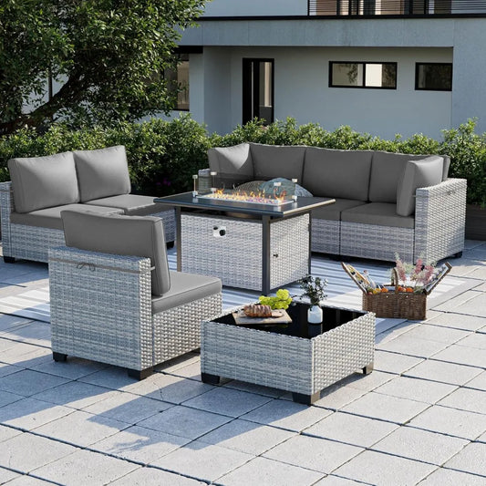 Modern 8-Piece Patio Set with 55k BTU Fire Pit, Grey