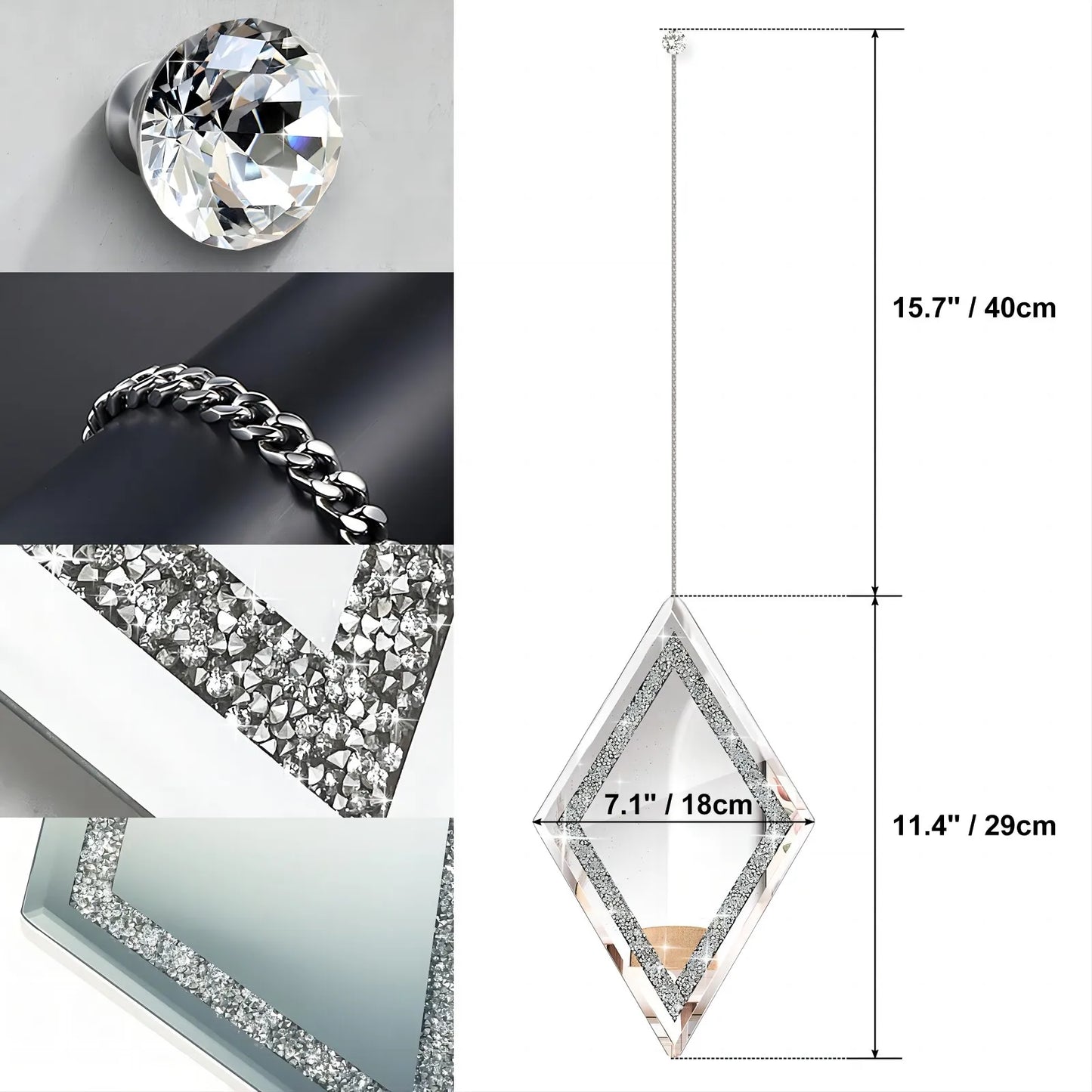 Diamond Decorative Wall Mirror, Set of 6, Wall Mounted Hanging Chain Frameless Crushed Mirrors (Silver)