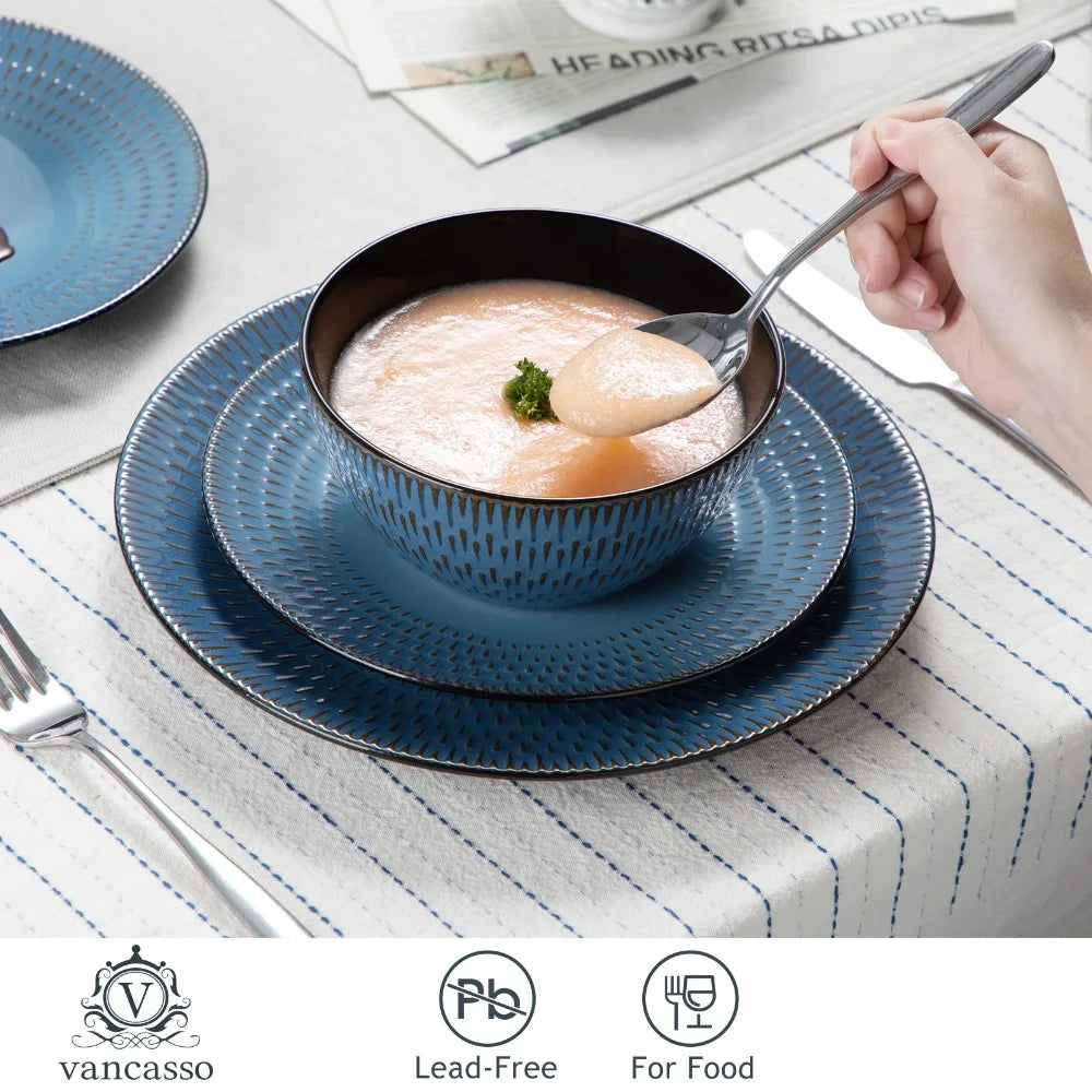 VANCASSO PLUVO 16PCS Blue Embossed Stoneware Set