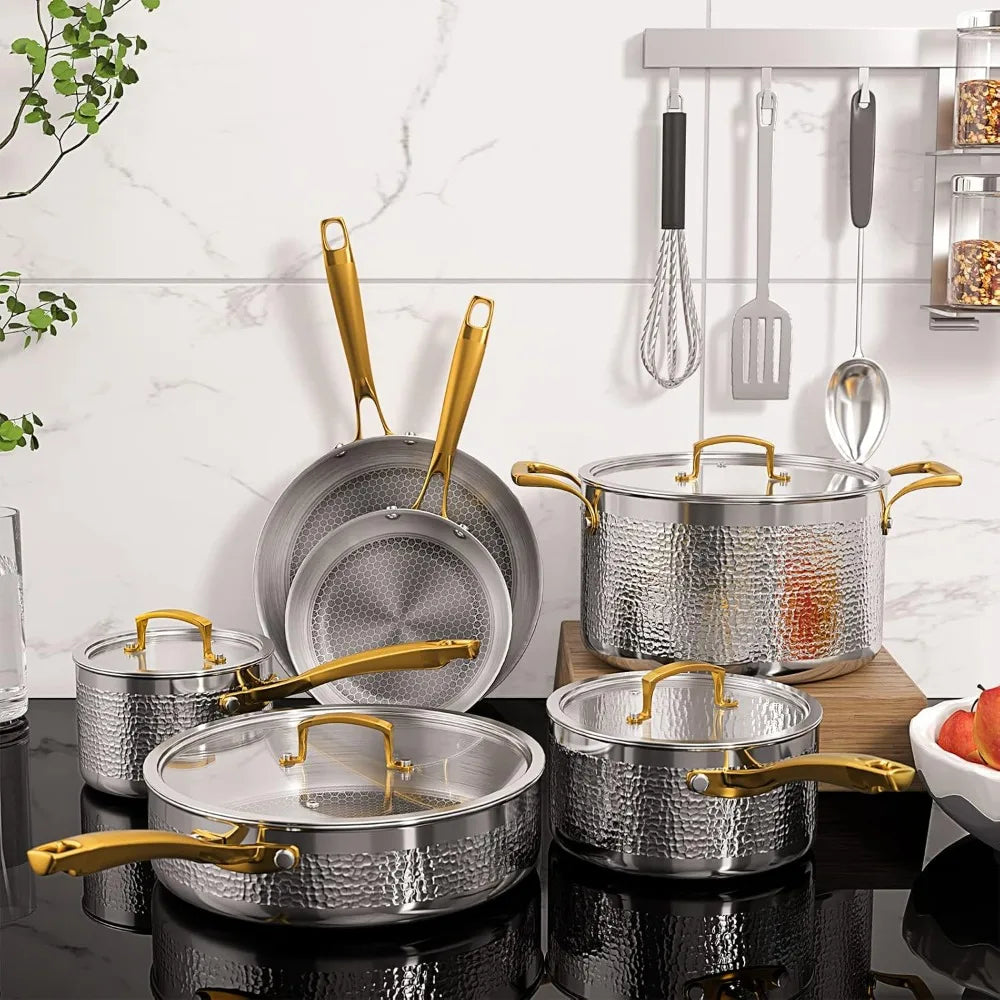 Tri-Ply Stainless Steel Hammered Kitchen Cookware Set, Induction Compatible, Dishwasher and Oven Safe,