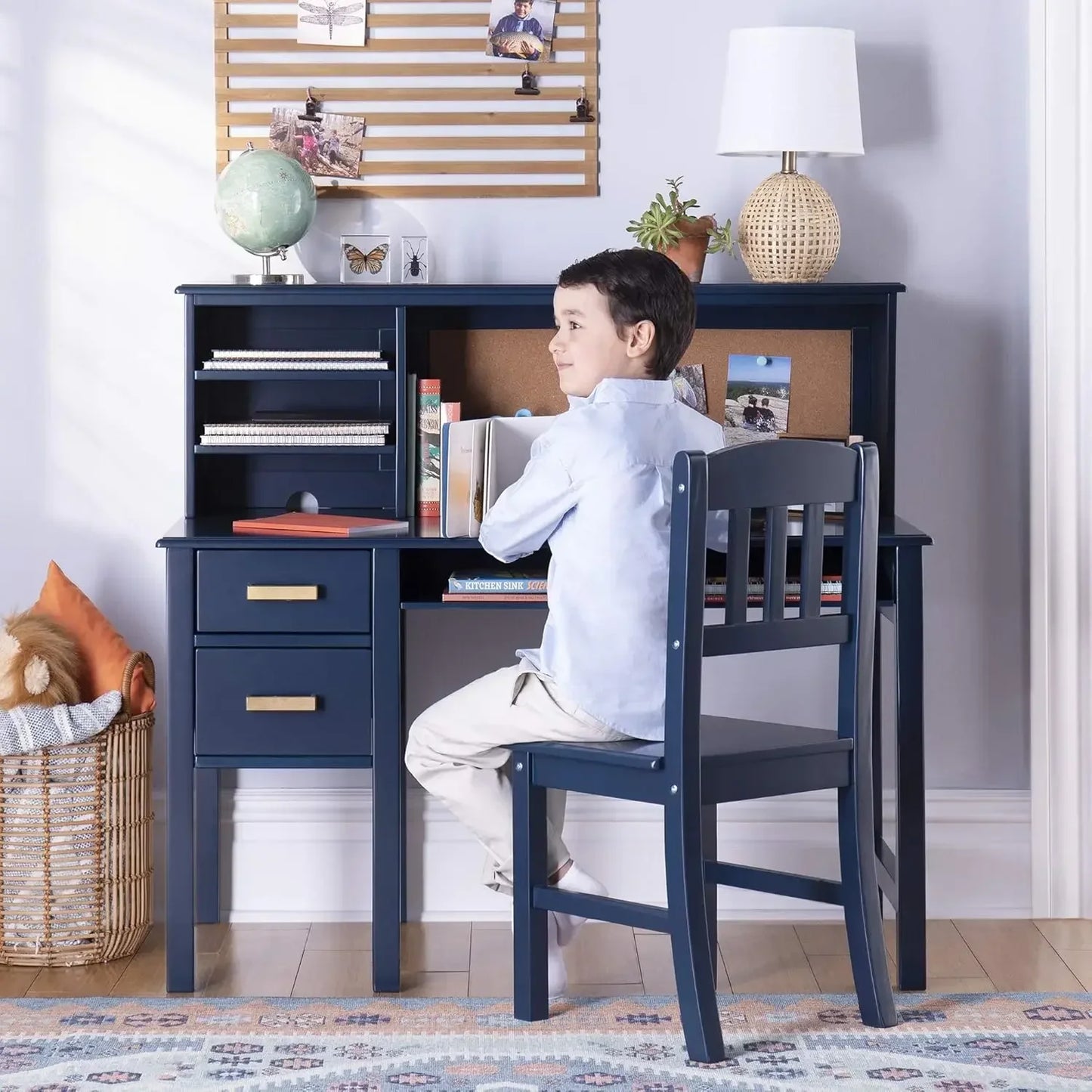 Kids Wooden Computer Study Desk Set with Storage Shelves, Corkboard, and Drawers