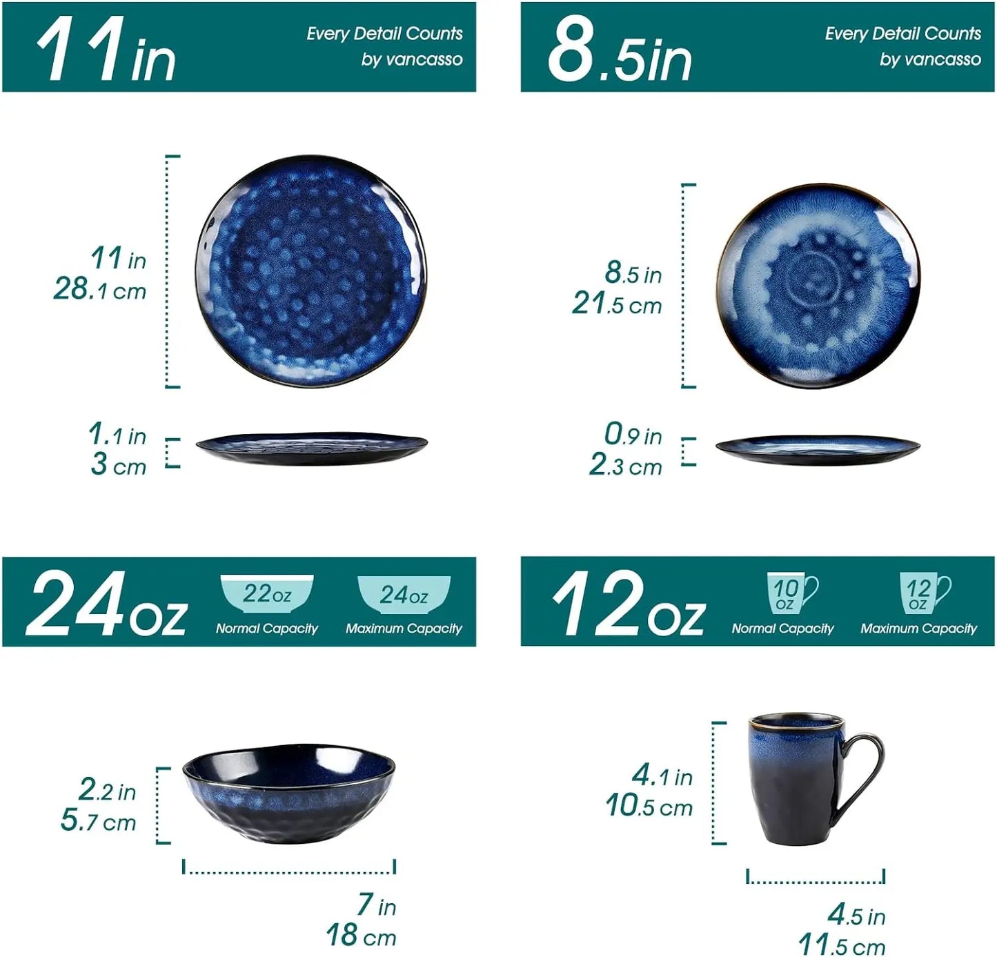 12 Piece, Reactive Change Glaze Dinner Set, Plates and Bowls Set