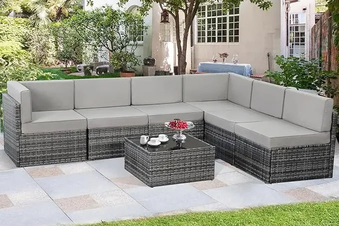 7 Piece Wicker Outdoor Sectional Sofa Patio Furniture Set