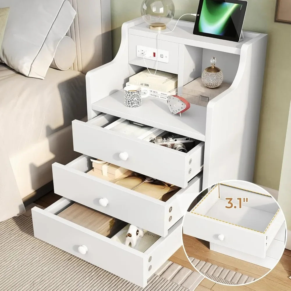 Nightstand with Charging Station, 3 Storage Drawers, Hutch