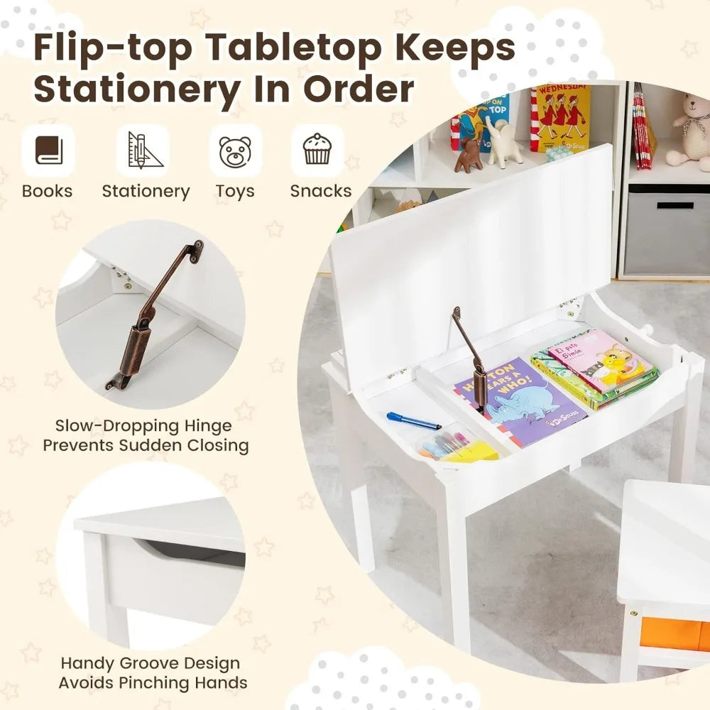 Kid's Wooden Lift-Top Desk & Chair Activity Table Set with Storage, Paper Roll Holder & Pen Slot