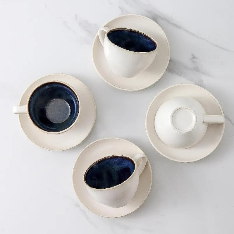 Set of 4 [8oz] Porcelain Coffee Cups with Saucers and Holder