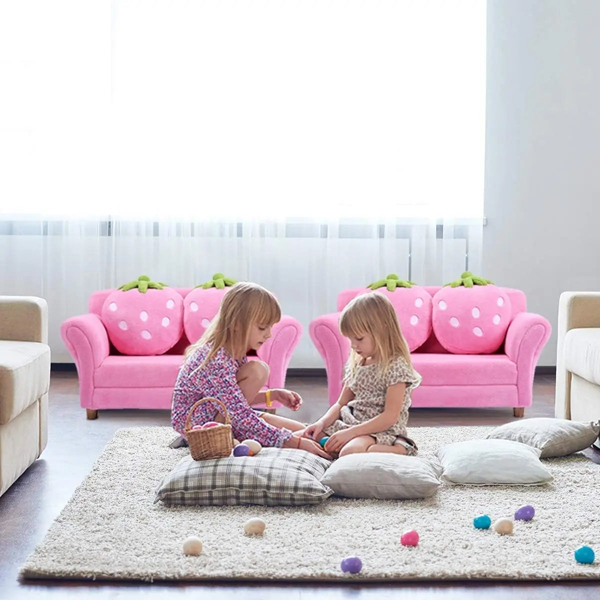 Coral Fleece Surface, Toddler Couch with Two Strawberry Pillows