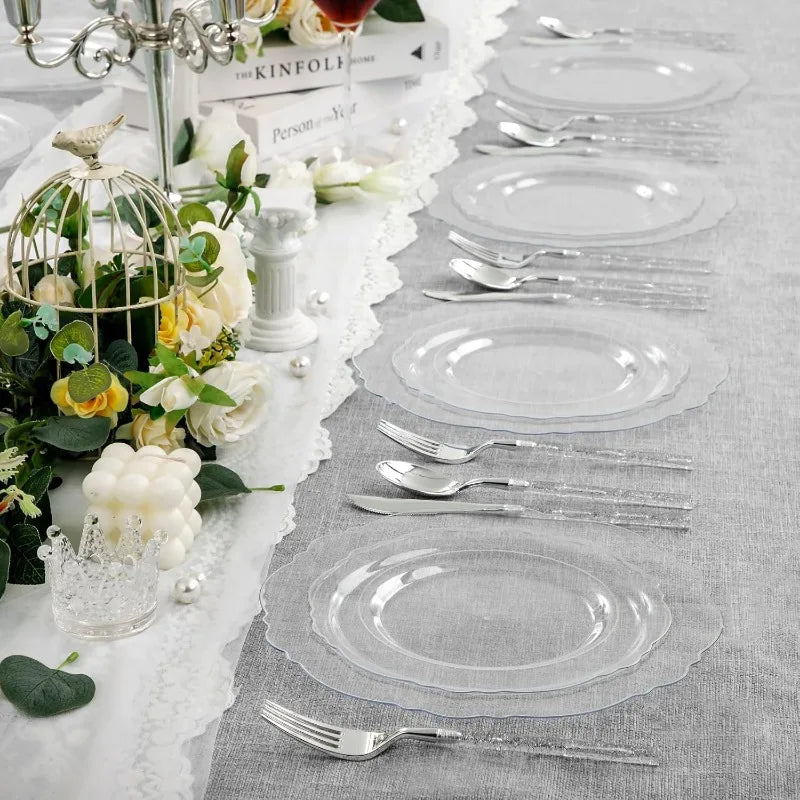 150PCS Clear-Gold Plastic Plates - Gold Plastic Silverware with Glitter Handle - 30 Guests