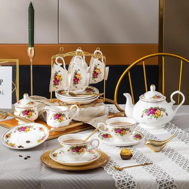 22-Pieces Porcelain Bone China Tea Sets, Gold Rim Coffee Set with Golden Metal Rack