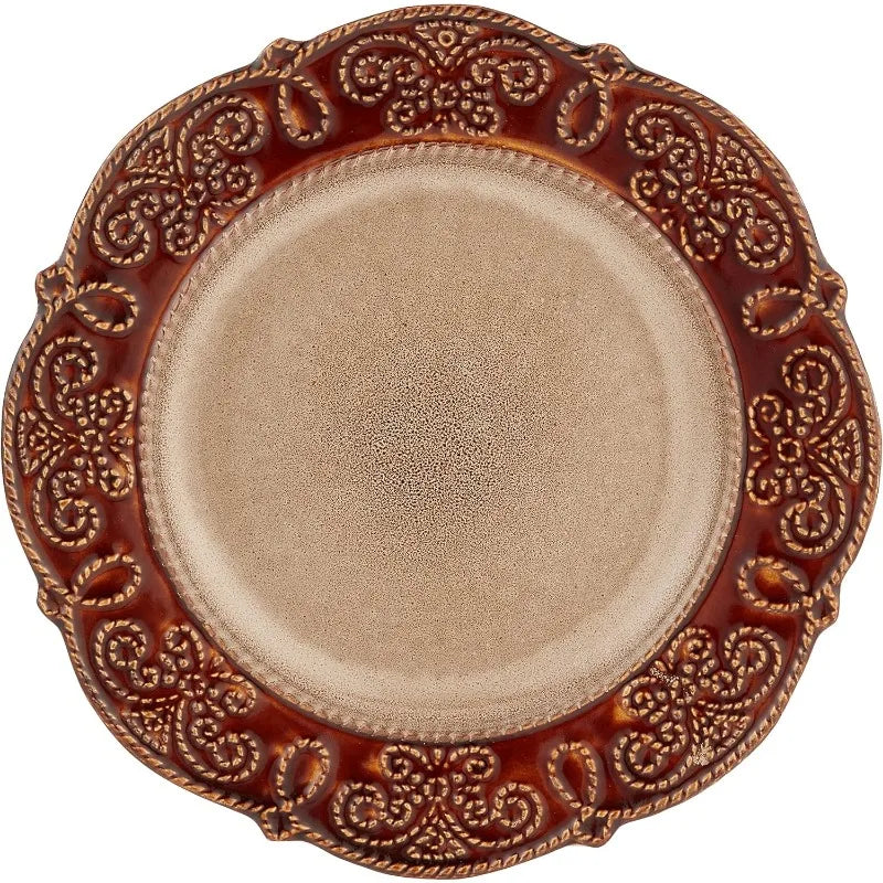 Round Decorated Scallop Embossed Dinnerware Dish Set, 16 Piece