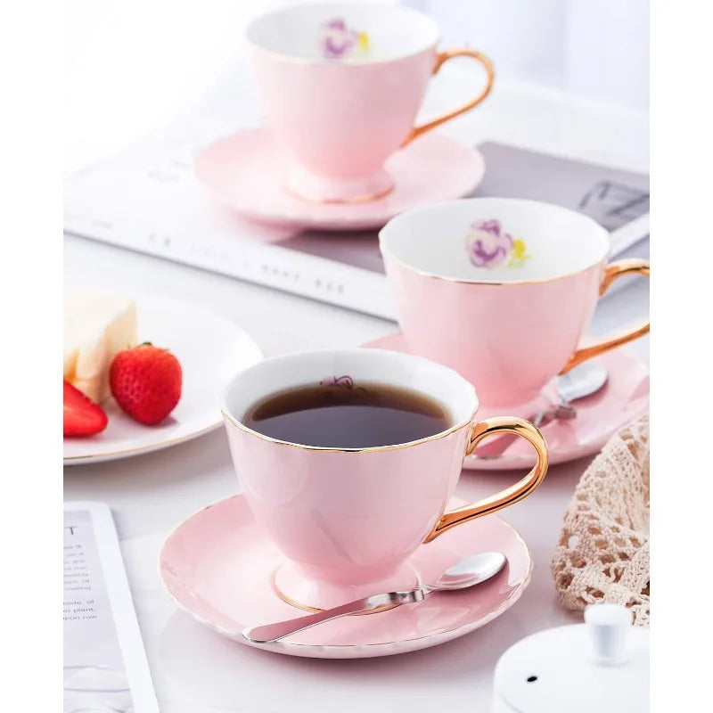 Set of 6 Porcelain Tea Cup and Saucer with Spoon, (pink) 7oz)