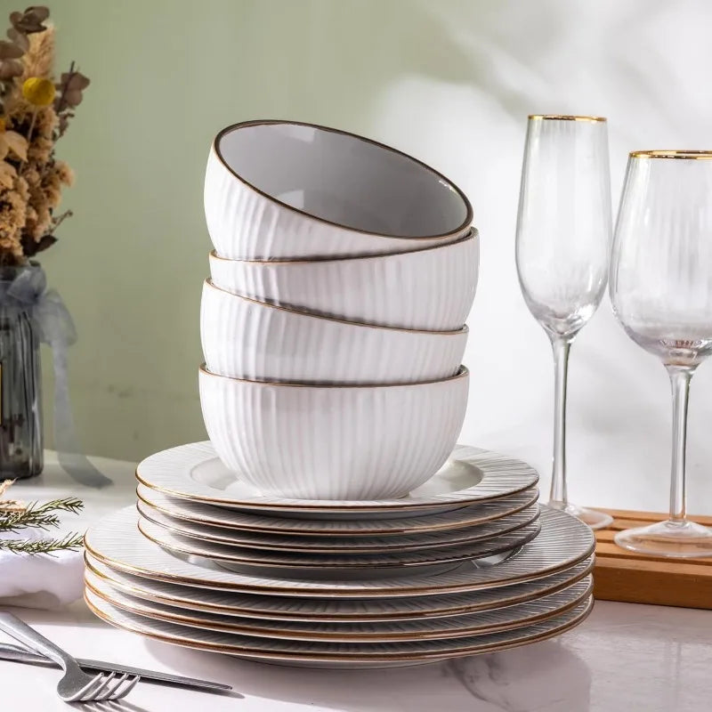 Embossed Elegant Stoneware Plates and Bowls Sets