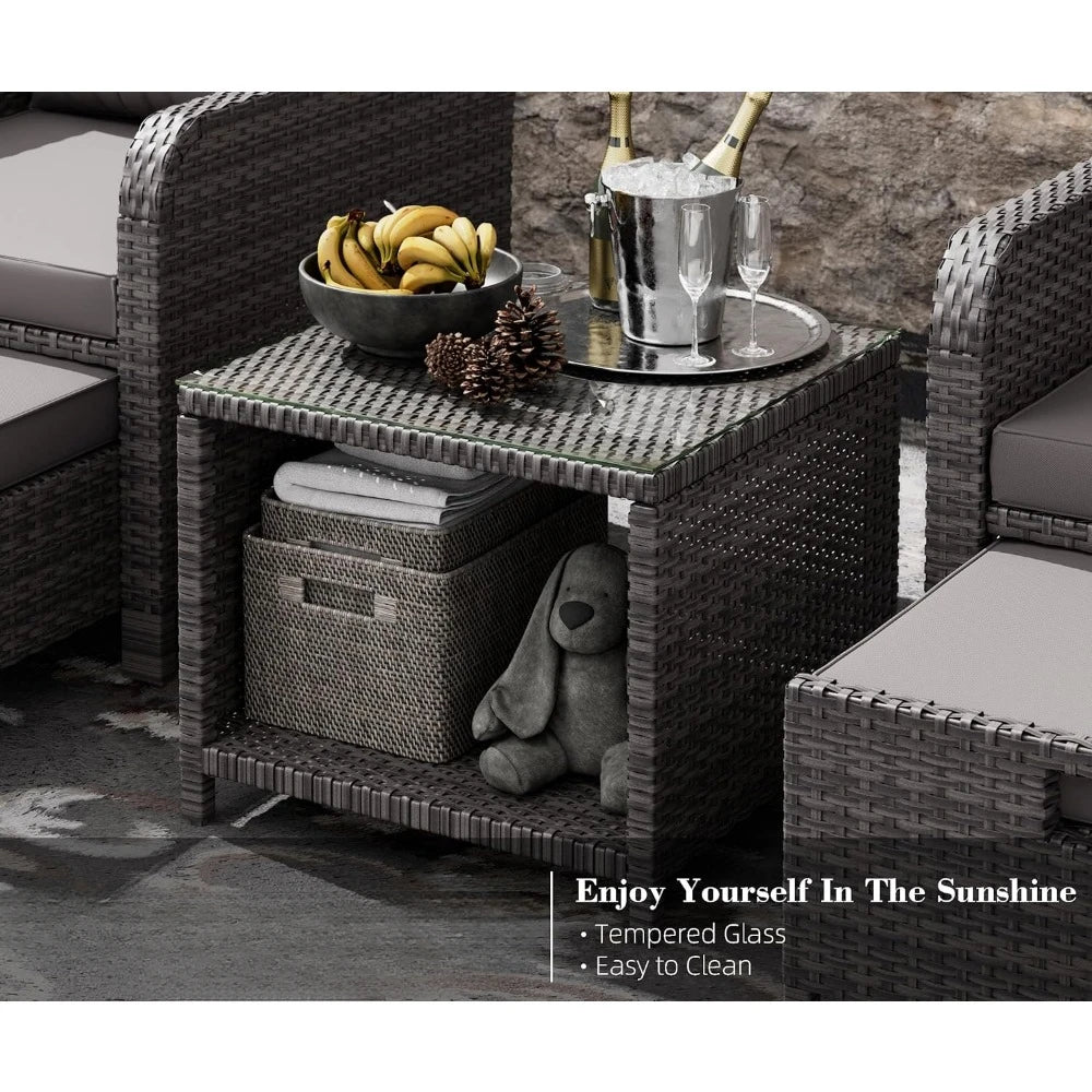 5 Piece Patio Conversation Set, Wicker Rattan Lounge Chairs with Soft Cushions