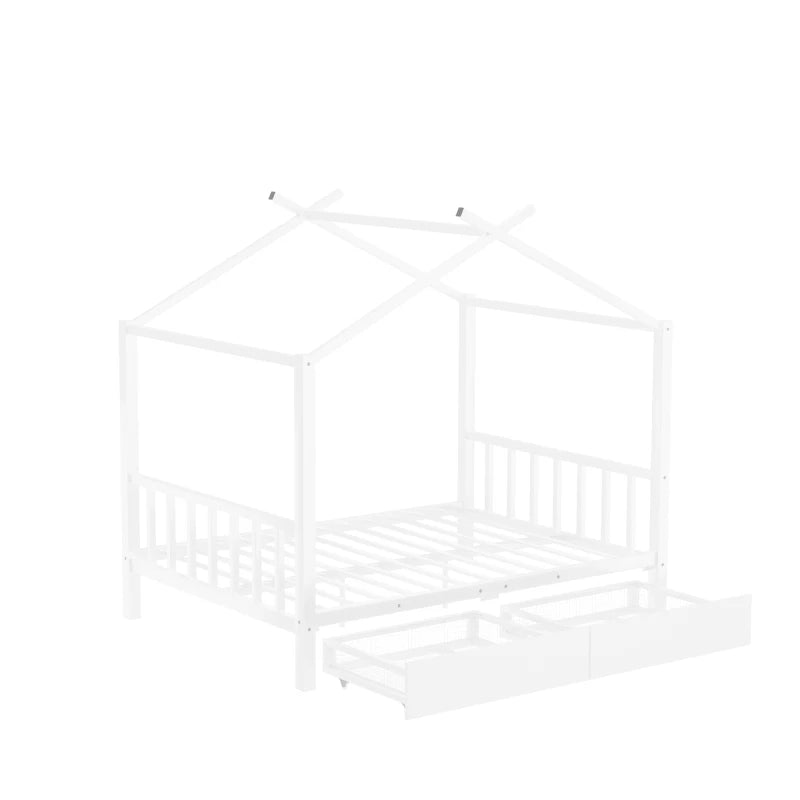 Wooden House Bed Frame for Kids with Ample Storage Options, Roof Design