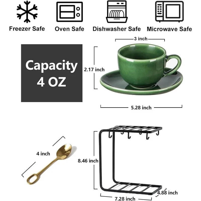 Ceramic Espresso Coffee Cups - 4 oz Porcelain Espresso Cups Set with Saucers Spoons and Metal Stand