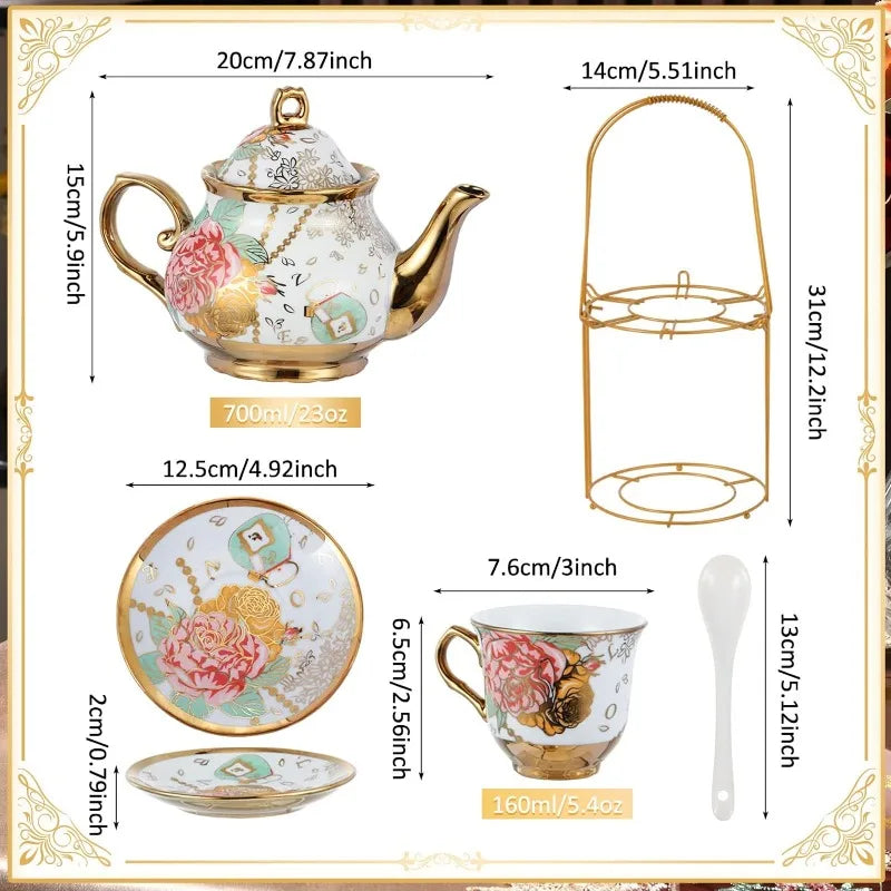 20 Pcs European Porcelain Tea Set with Metal Holder, Service for 6