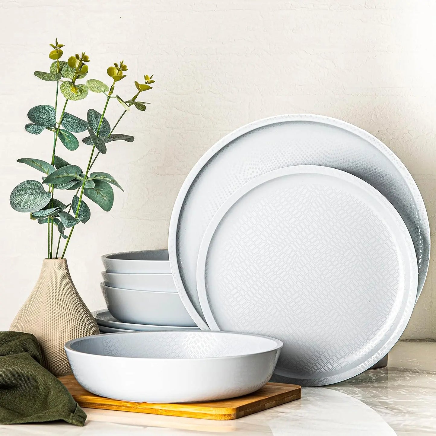 12 Piece Melamine Dinnerware Set - Durable, Dishwasher Safe Plates and Bowls