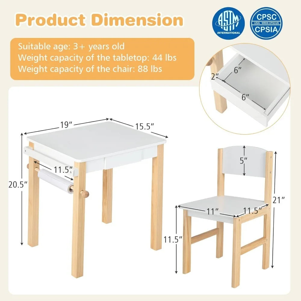 Kid's Wooden Lift-Top Desk & Chair Activity Table Set with Storage, Paper Roll Holder & Pen Slot