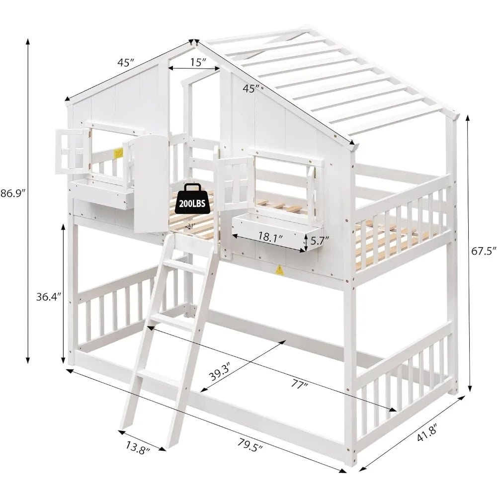 Twin Over Twin Wood Bunk Bed for Kids with Door, Windows