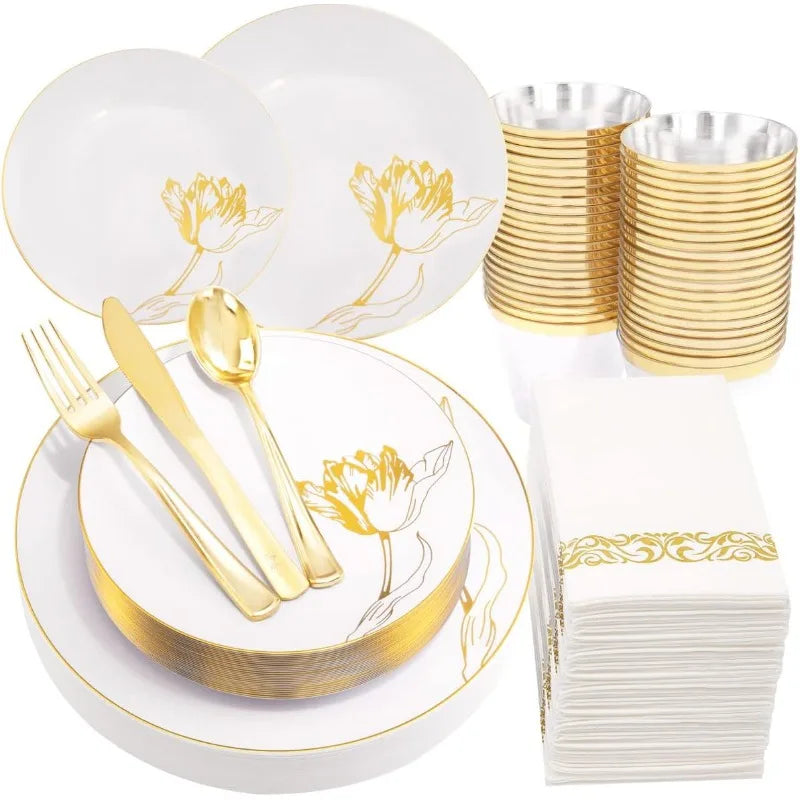 175PCS Floral Gold Disposable Plates