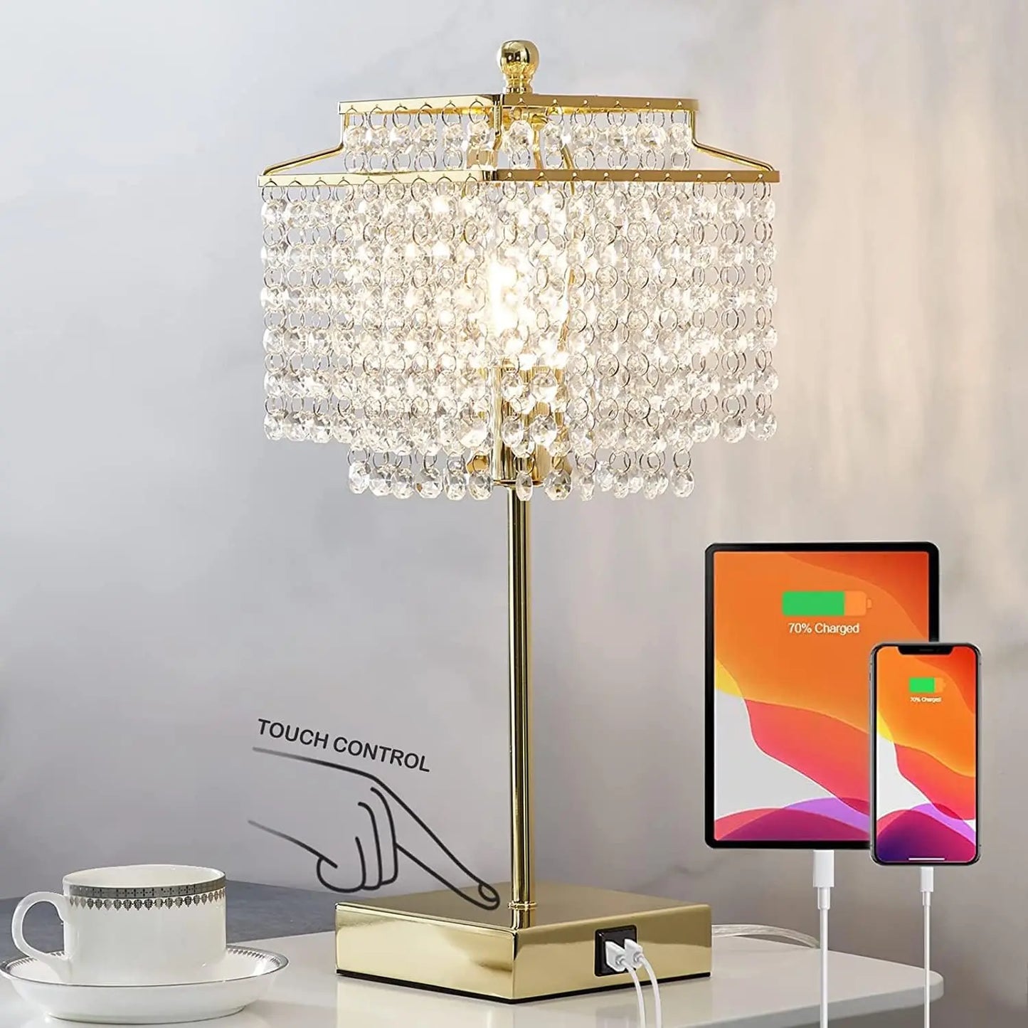 Set of 2, Pink Crystal Bedside Table Lamps, Touch Control , 3-Way Dimmable