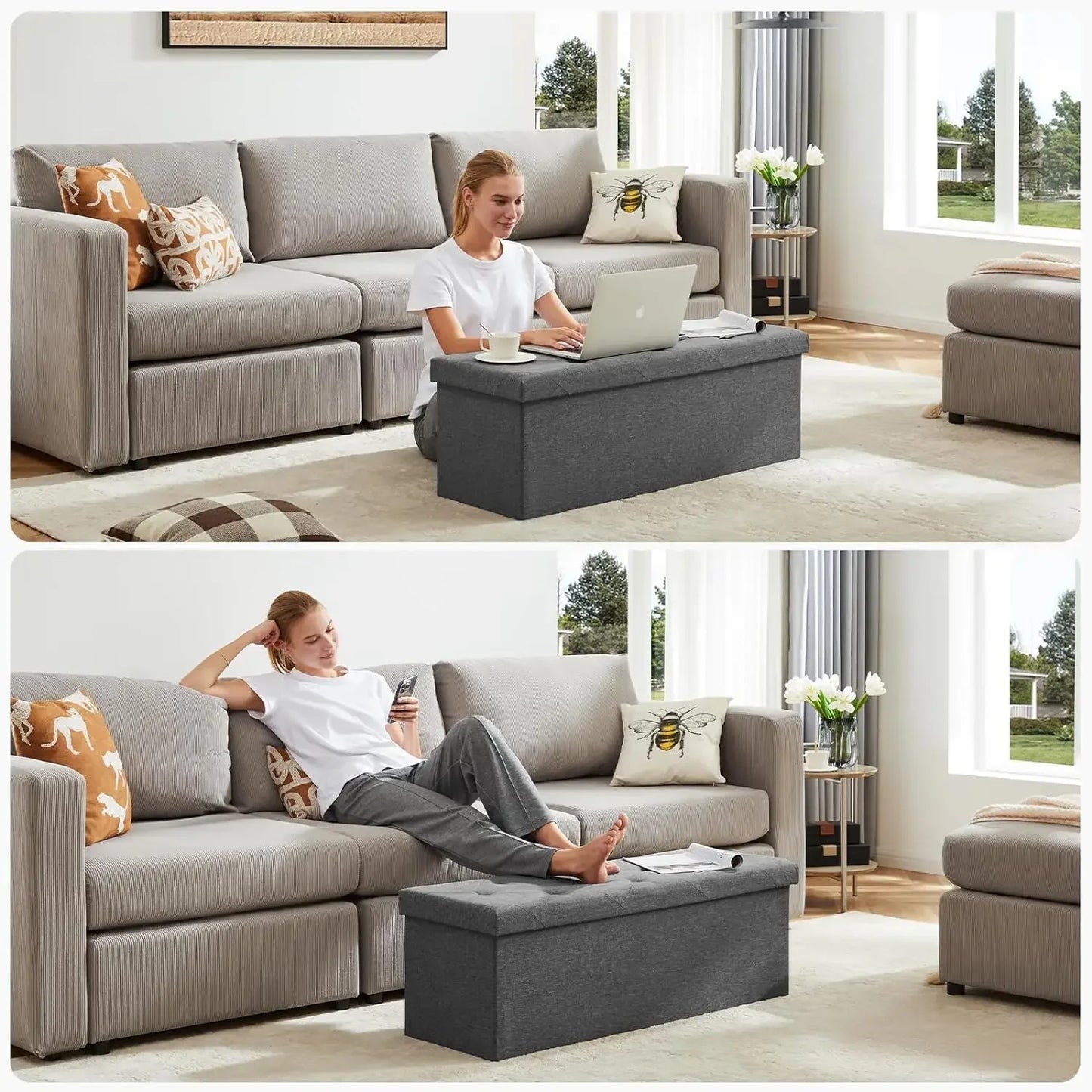 43in Foldable Storage Ottoman with Padded Seat