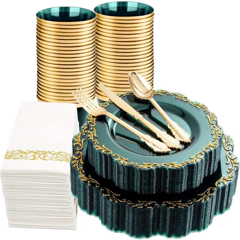 175PCS Clear Green Plastic Plates & Gold Plastic Silverware & Clear Green Cups & Gold Napkins, Service 25 Guest