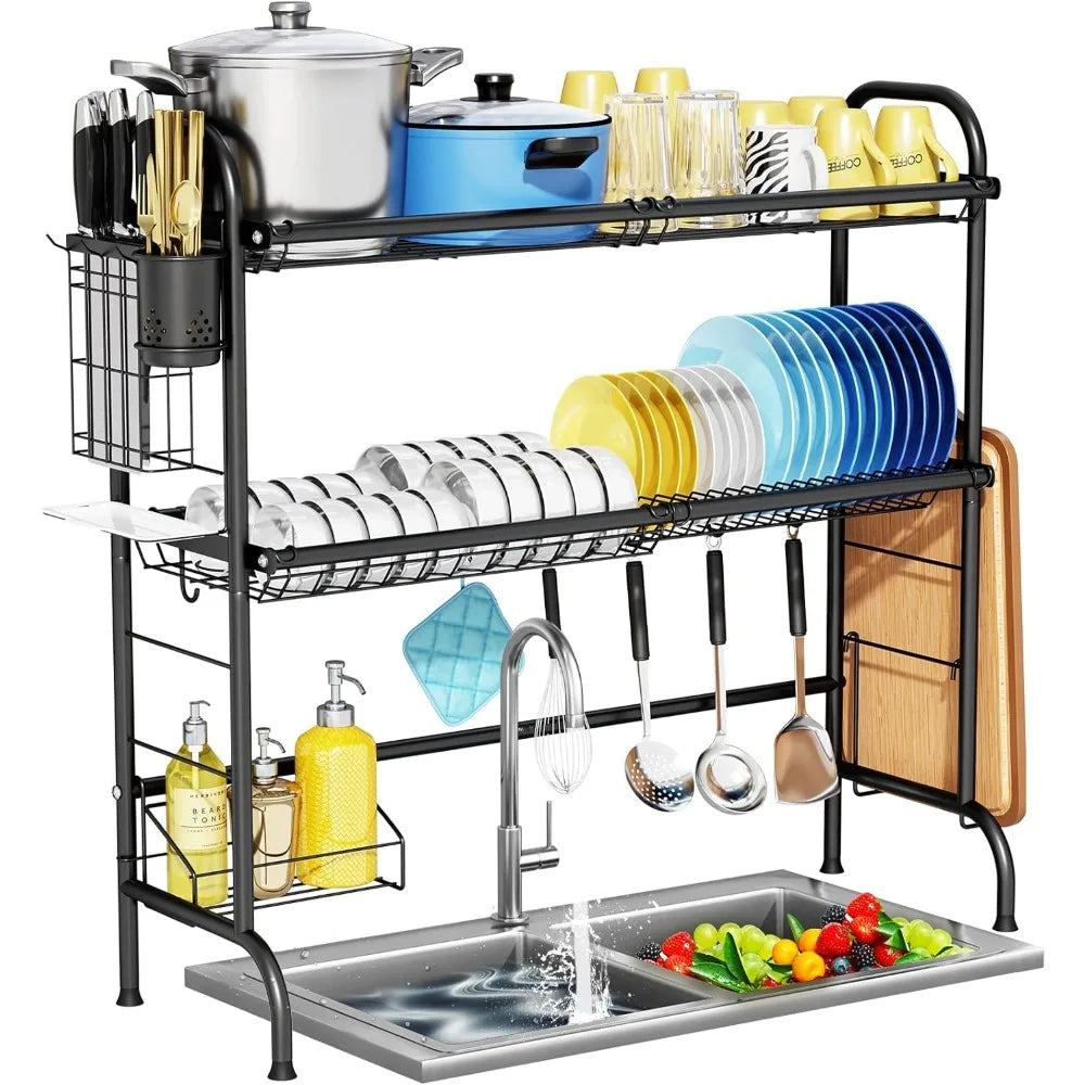 2-Tier Stainless Steel Large Over The Sink Dish Rack with Utensil Holder