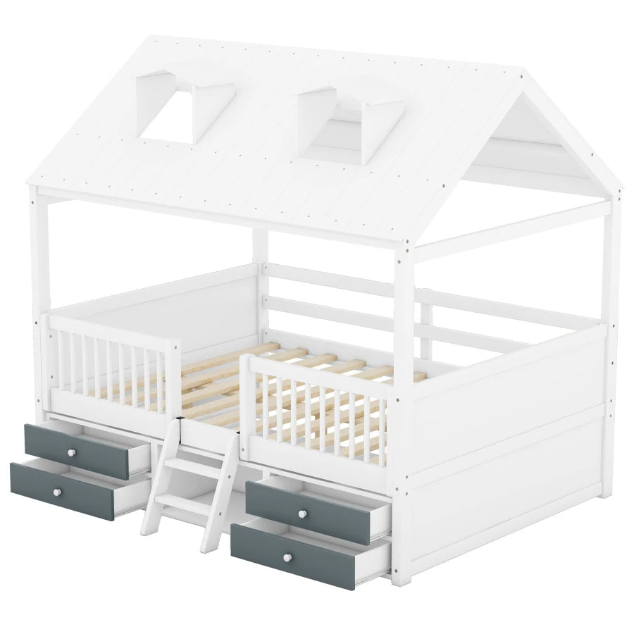 Wooden House Bed Frame for Kids with Ample Storage Options, Roof Design