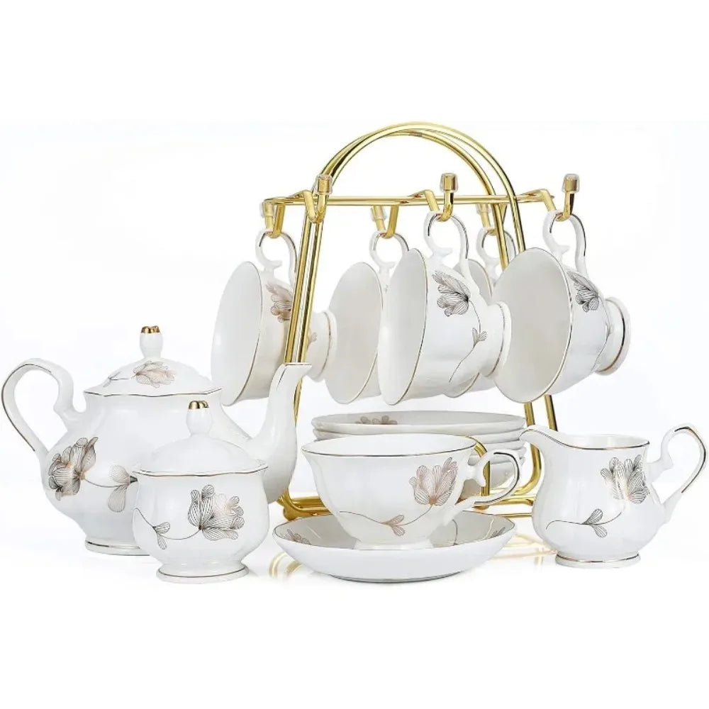 22-Piece Porcelain Ceramic Tea Set, Teapot and Cup Set, for 6