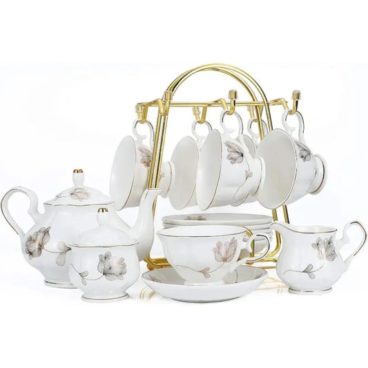 22-Piece Porcelain Ceramic Tea Set, Teapot and Cup Set, for 6