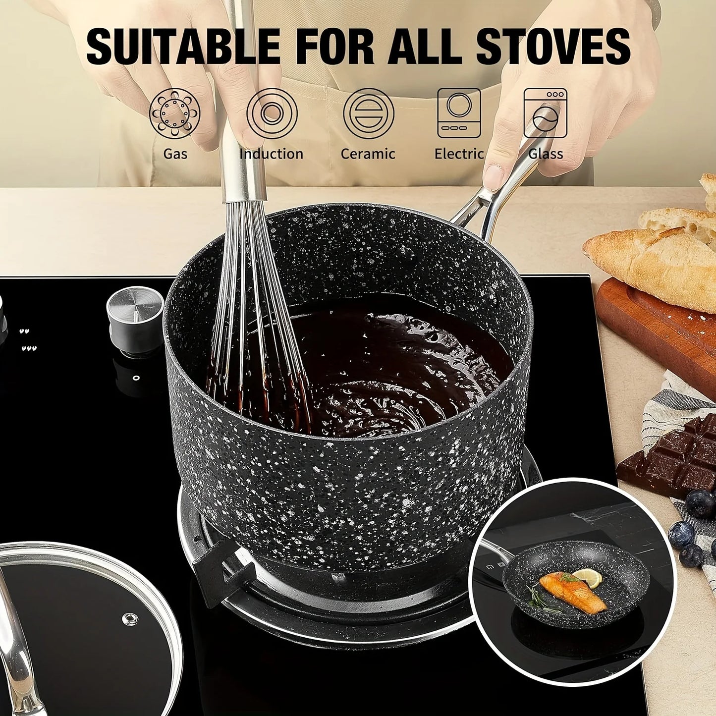 3-Piece Saucepan Set with Glass Lids, Natural Durable Granite Coating, Nonstick, Durable & Oven Safe to 450°F