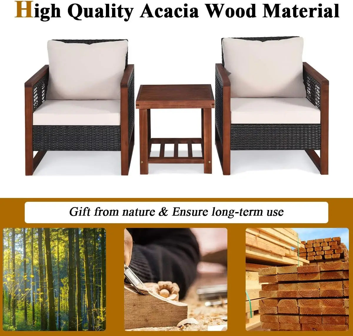 3 Piece Wicker Patio Furniture Set w/Washable Cushion & Acacia Wood Coffee Table