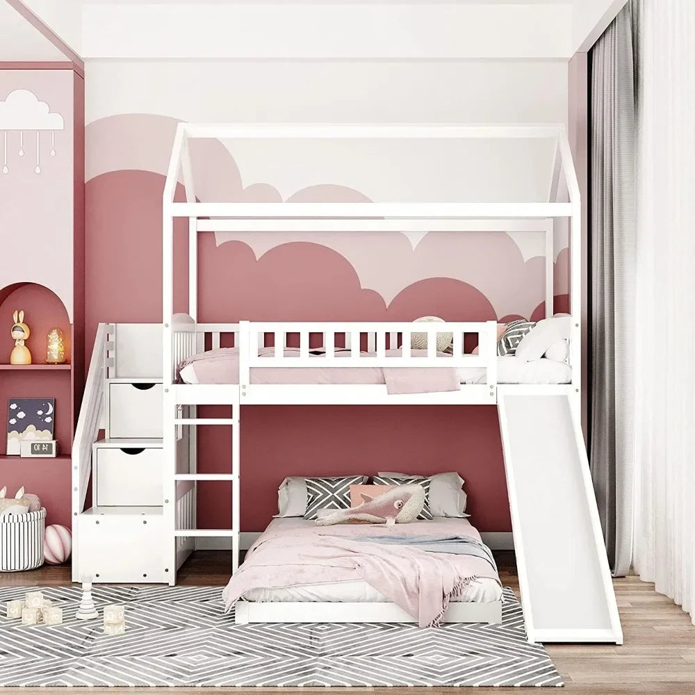 Toddler House Bunk Bed with Slide and Ladder