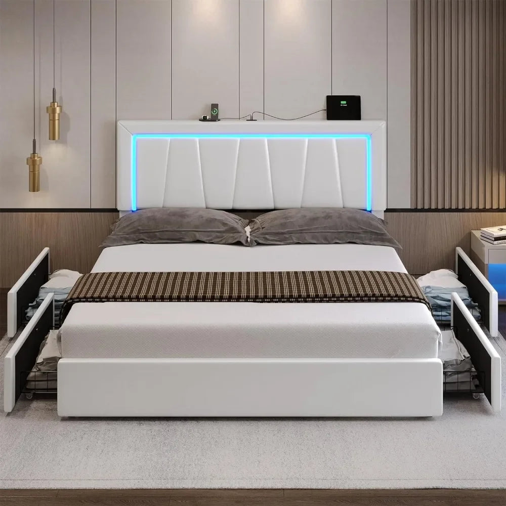 Upholstered Platform Bed Frame with 4 Storage Drawers and Led Lights