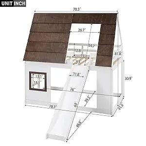 Twin Over Twin House Bunk Bed Frame with Roof, Window, Ladder and Slide