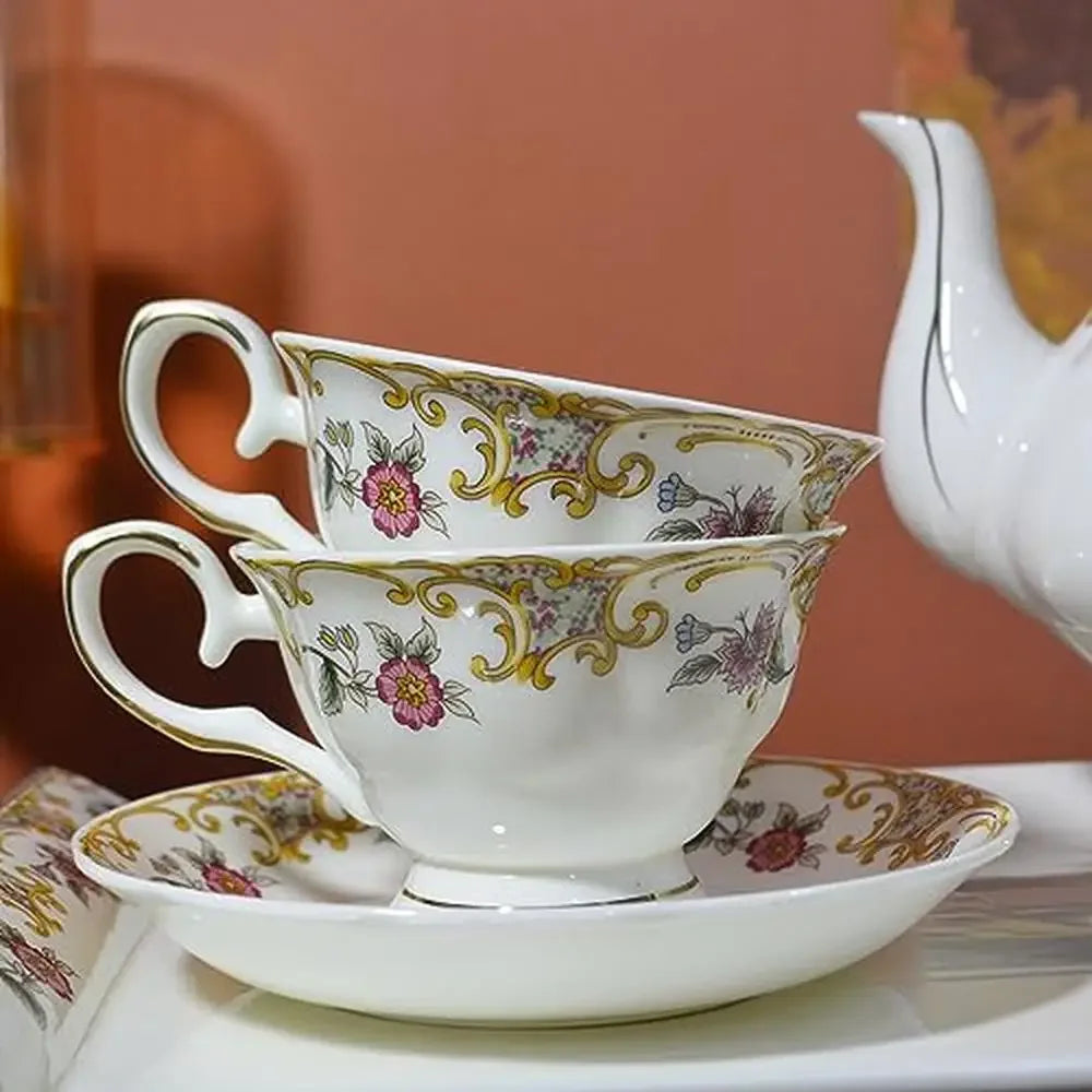 21-Piece Floral Design English Style Porcelain Bone China Tea Set