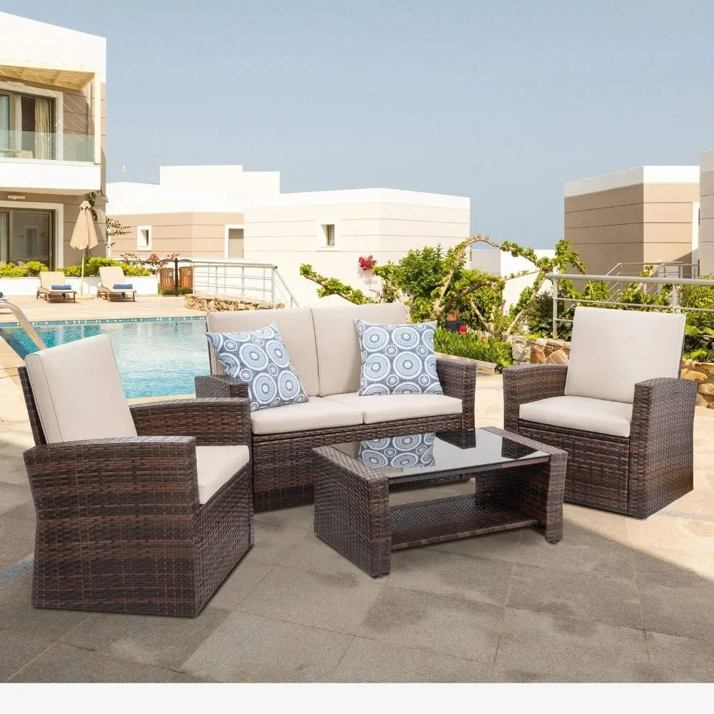 4-Piece Outdoor Wicker Rattan Sectional Sofa with Glass Coffee Table