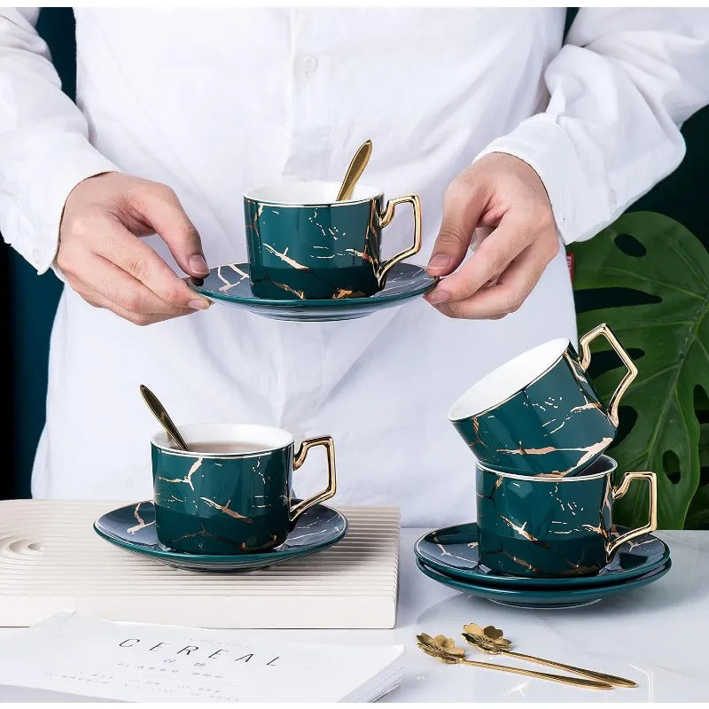 Set of 4- Hand Printed Golden Matte Ceramic Marble Coffee/Tea Cups with Spoons and Cup Holder