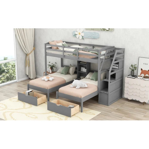 Wood Full over Twin & Twin Bunk Bed,Triple Bunk Bed with Drawers