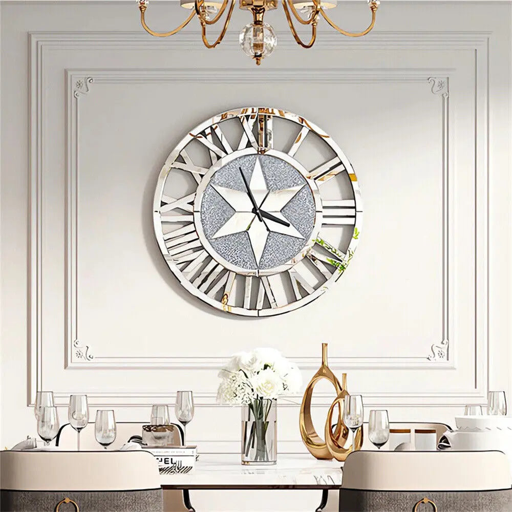 Battery Operated Decorative Silver Glass Crush Diamond Wall Clock with Roman Numerals