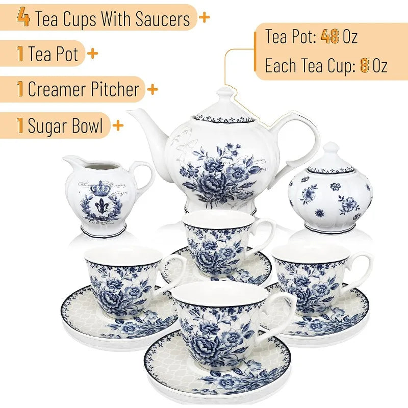 Blue Dream Tea Set, cups (8oz), Pot (48oz), Creamer and Sugar Set, Gift box