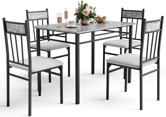 5 Piece Faux Marble Dining Table Set